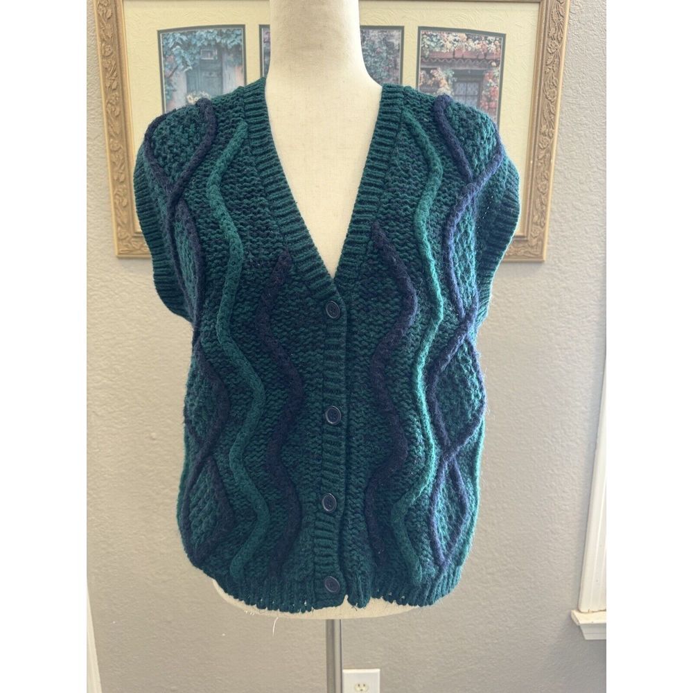 Sweater Vest Vintage 90s Retro Funky Large Med Grunge Cobain Green Black Button